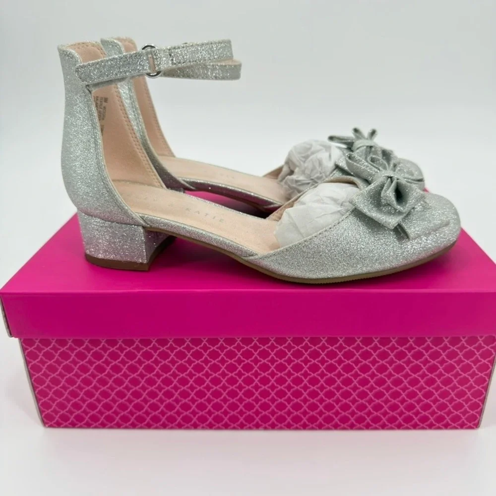 Kelly & Katie Victoria Kids Silver Glitter Bow Block Heel Dress Shoes Size 3M
